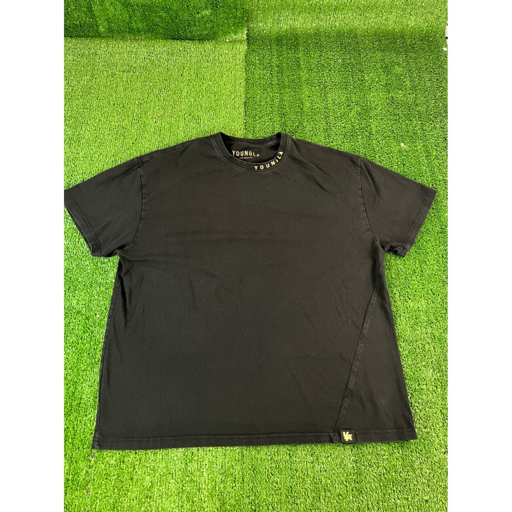 YoungLA Mens Black Short Sleeve Logo Neck T-Shirt Size Small Asymmetrical Seam